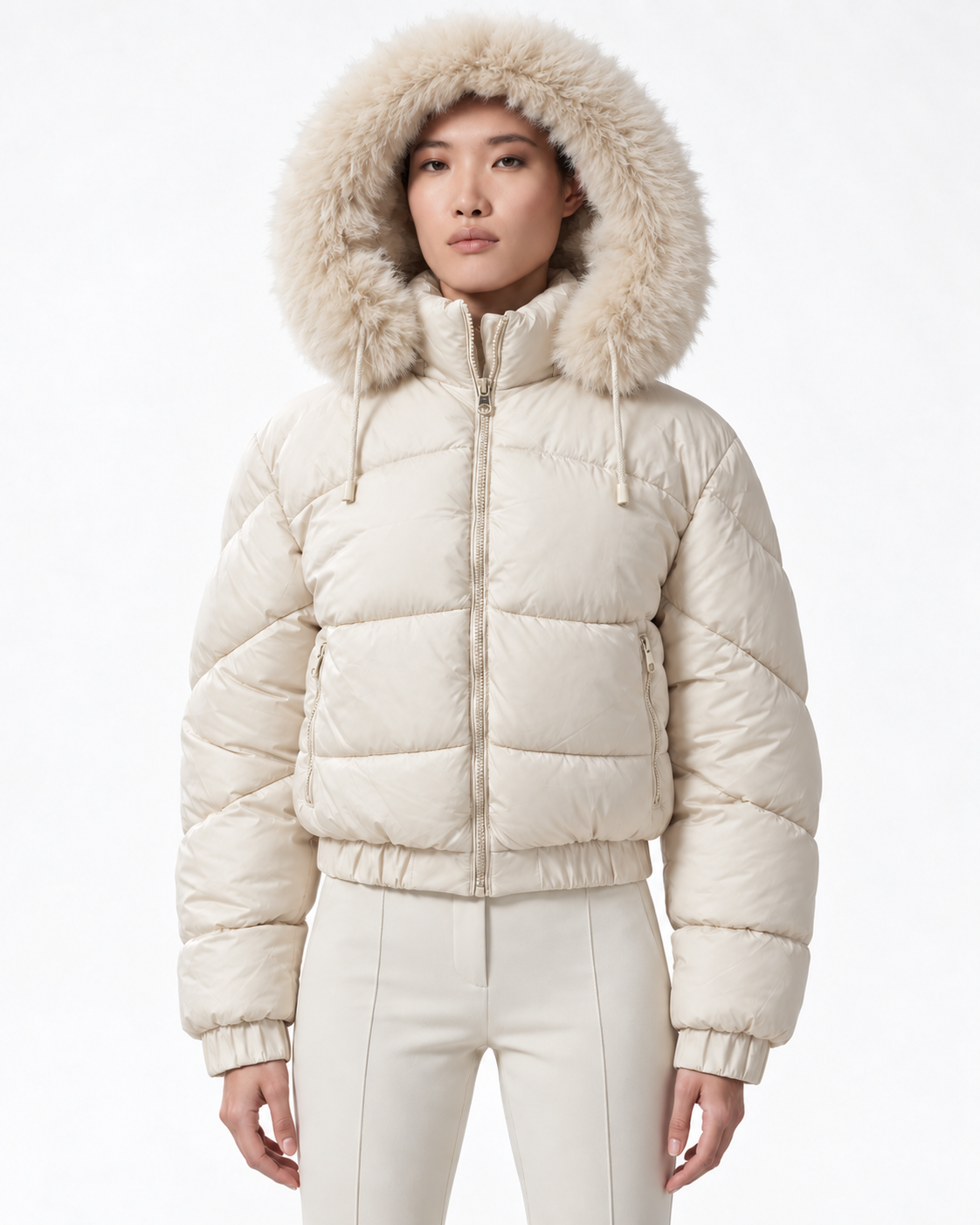 Faux Fur Hood  Short Puffer Jacket Cream