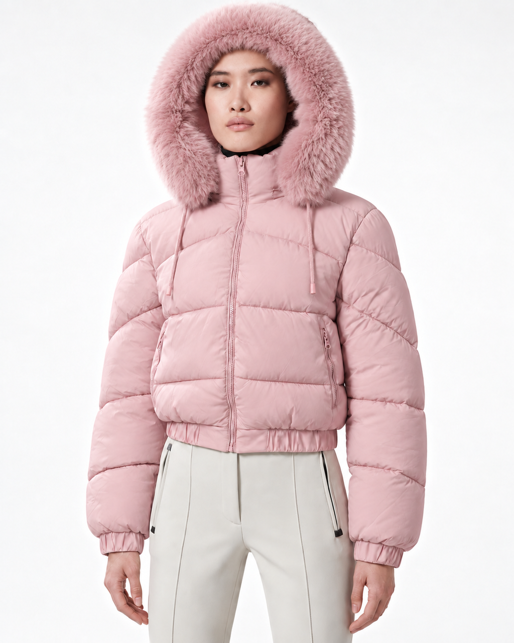 Faux Fur Hood  Short Puffer Jacket Pink