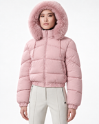 Faux Fur Hood  Short Puffer Jacket Pink