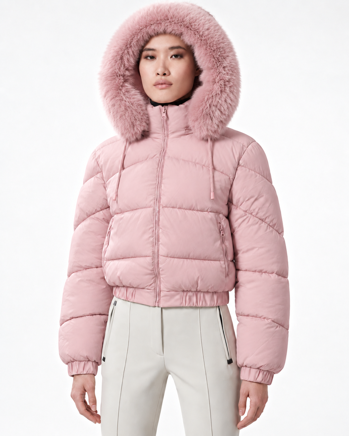 Faux Fur Hood  Short Puffer Jacket Pink