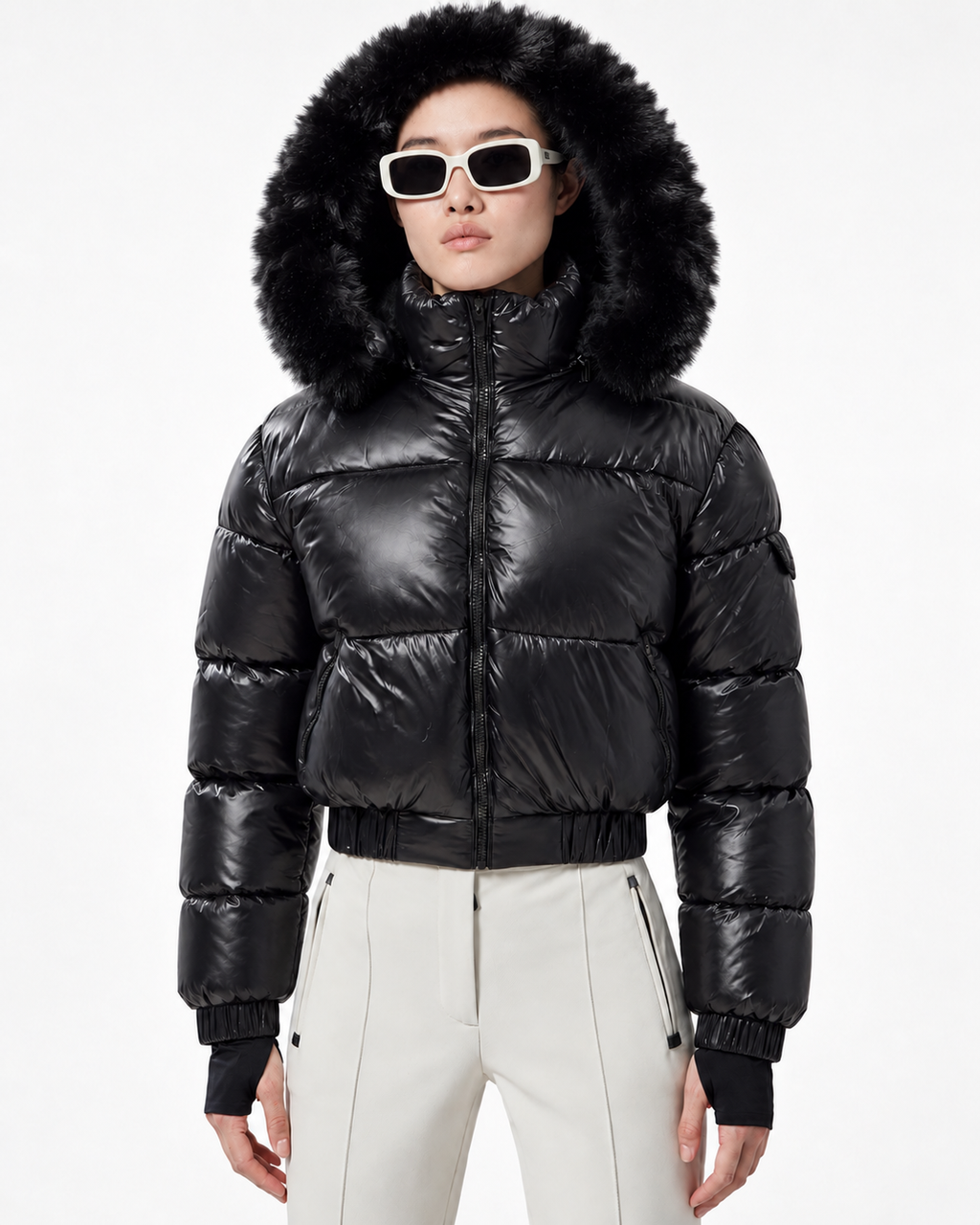 Faux Fur Hood  Short Puffer Jacket  Black