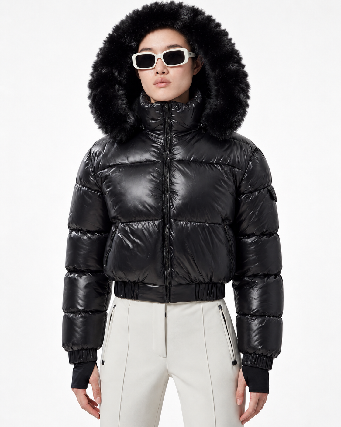 Faux Fur Hood  Short Puffer Jacket  Black