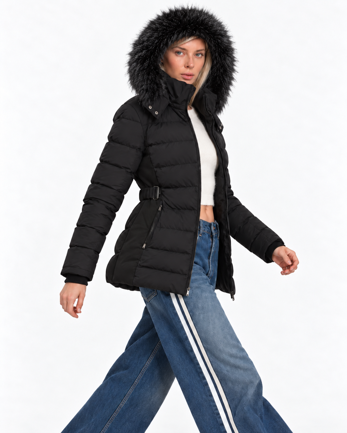 Padded Puffer Jacket with Black Faux Fur Hood Black  FC7601