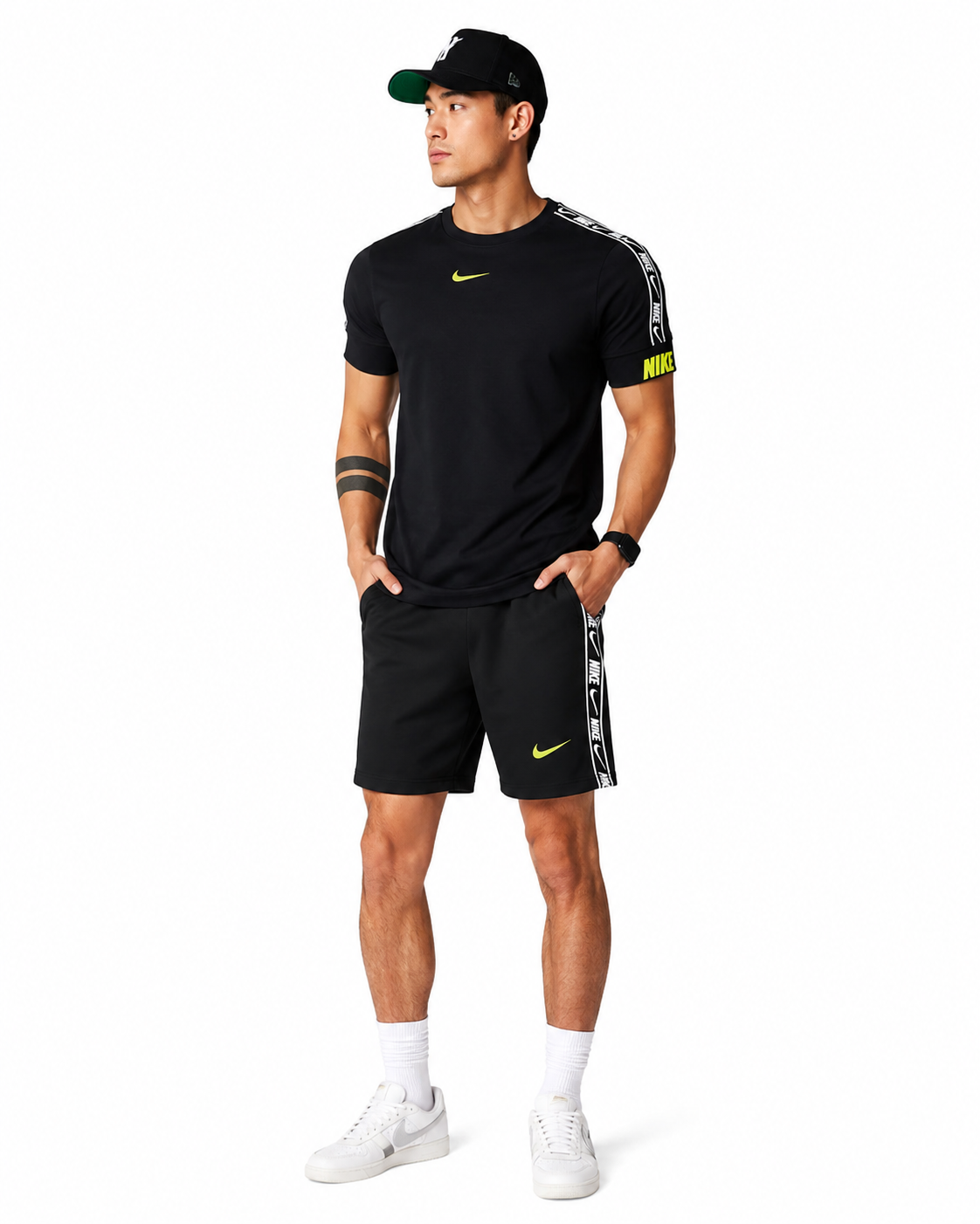 Nike Tracksuit Mens T Shirts Tape Shorts Set Nsw Repeat Terry Shorts Cotton Tee Colour Black