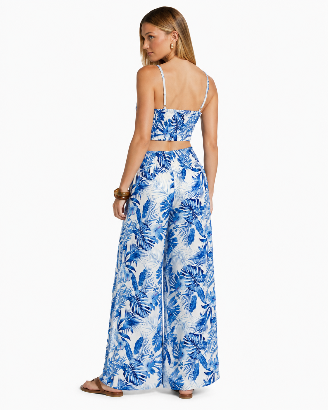 Wide Leg Floral Trouser With Side Split And Top  BLUE/ WHITE