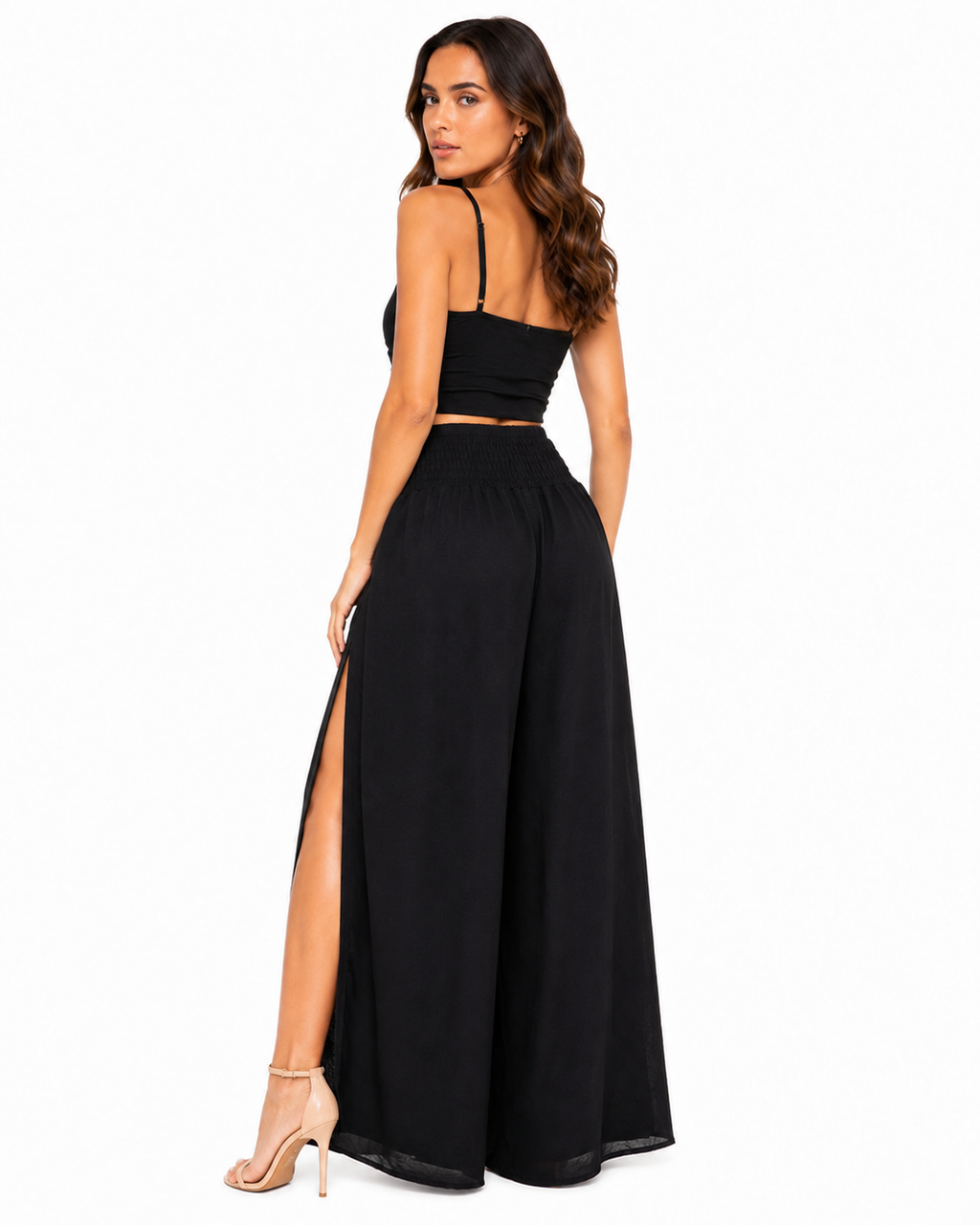 Wide Leg Trouser With Side Split And Top Black