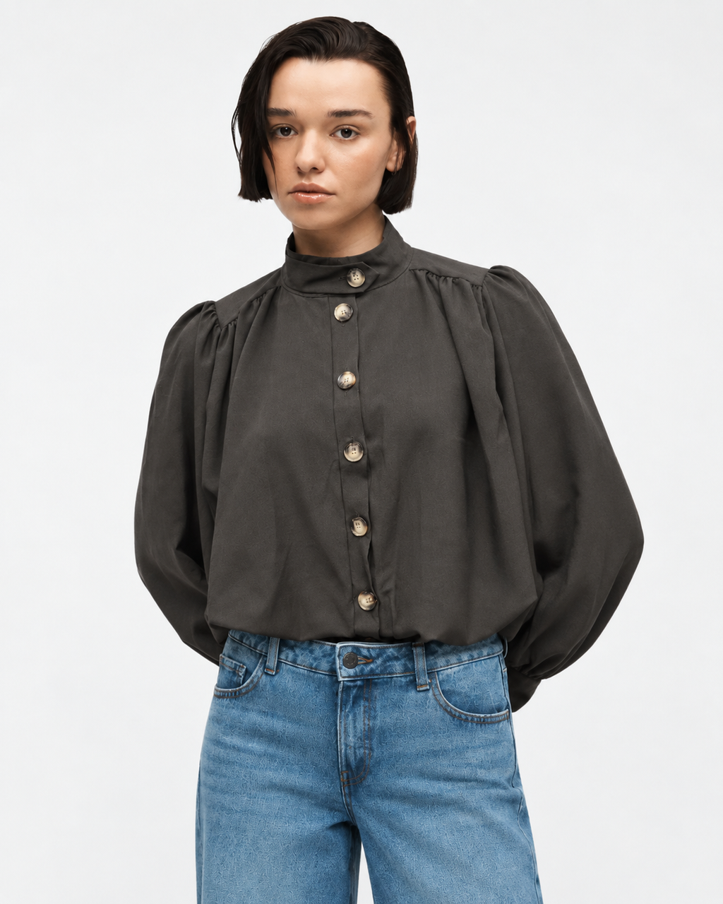 High-Neck Button-Front Blouse  Brown  27211