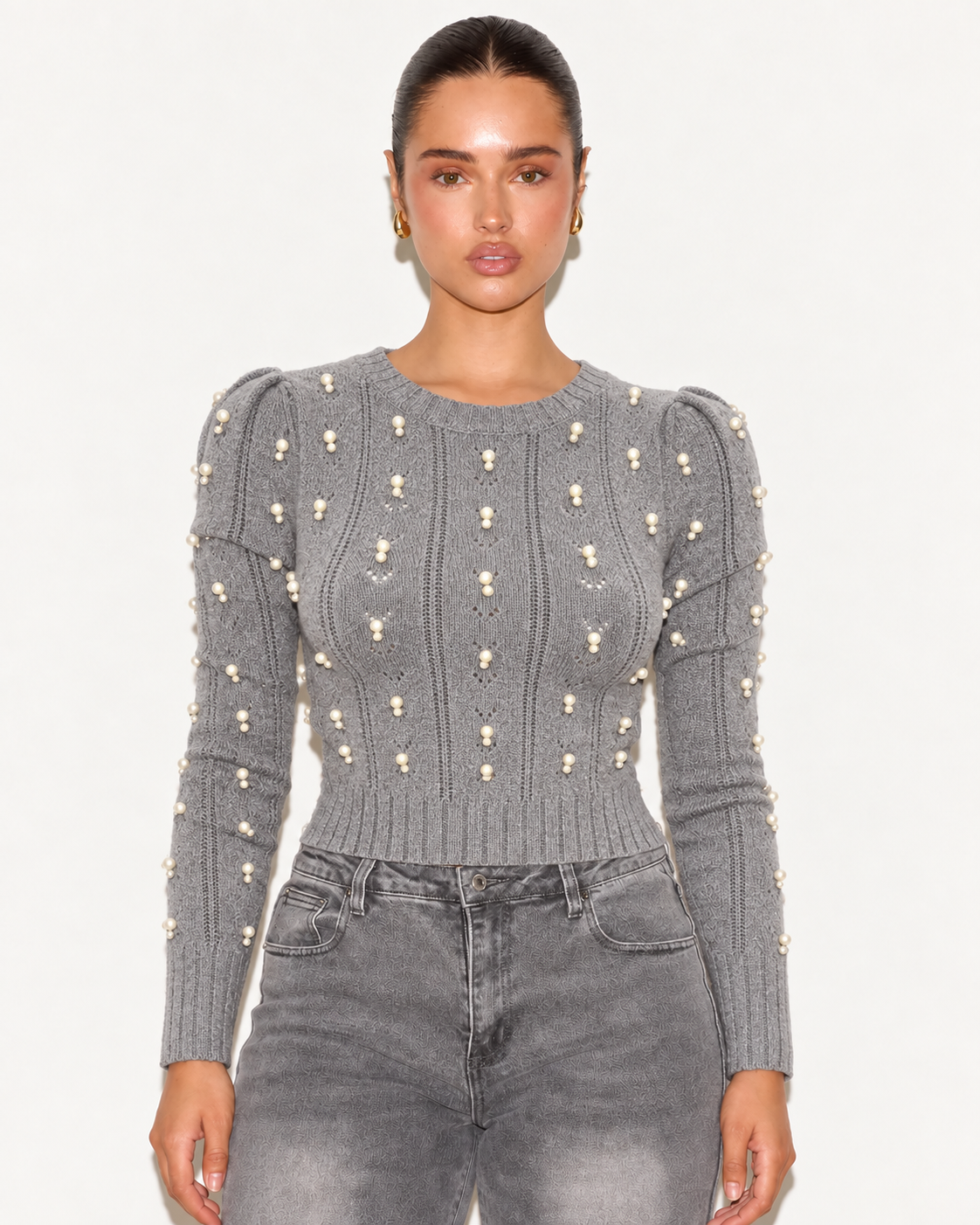 Pearl Embellished Cable Knit  Crop Jumper Grey    ZS5316