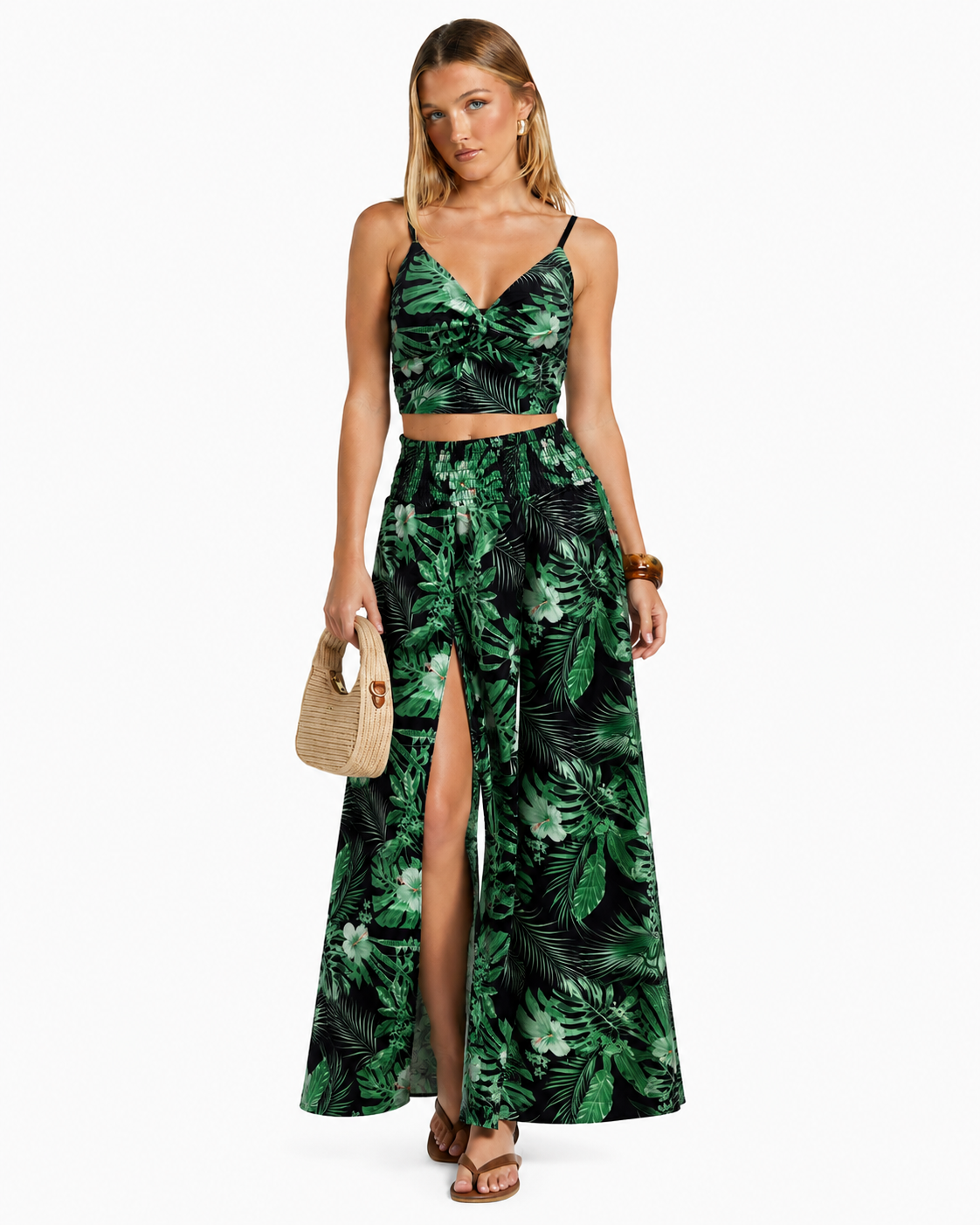 Wide Leg Floral Trouser With Side Split And Top  BLACK / GREEN