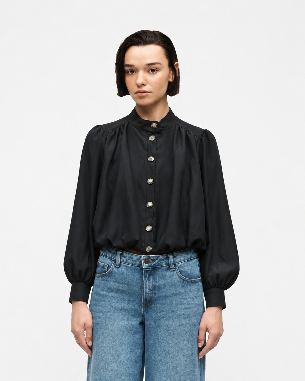 High-Neck Button-Front Blouse  Black   27211