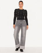 Pearl Embellished Cable Knit  Crop Jumper Black ZS5316