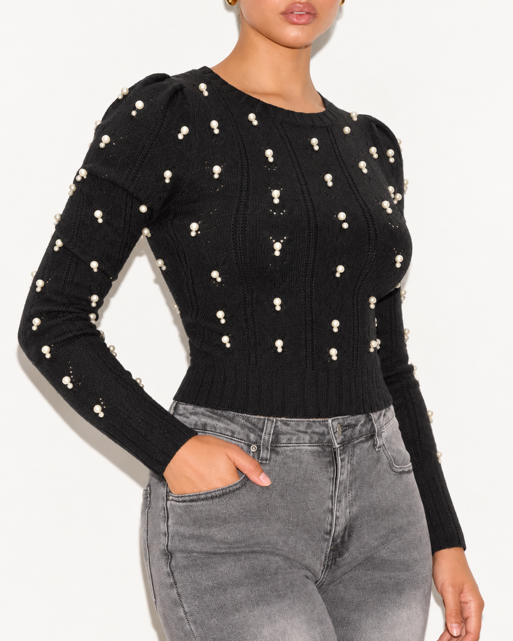 Pearl Embellished Cable Knit  Crop Jumper Black ZS5316