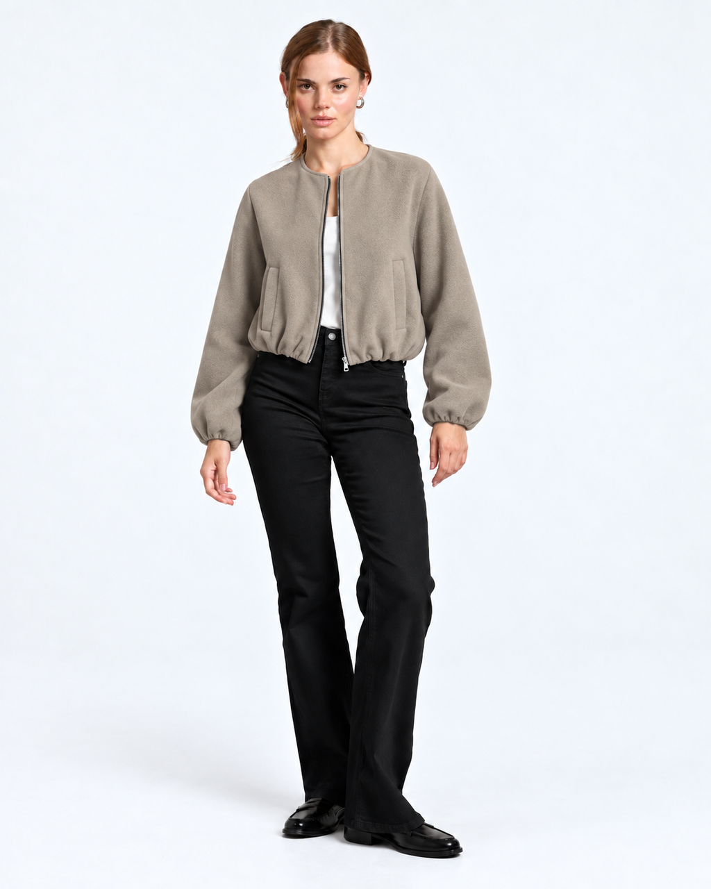 Cropped Bomber Jacket  Taupe