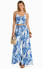 Wide Leg Floral Trouser With Side Split And Top  BLUE/ WHITE