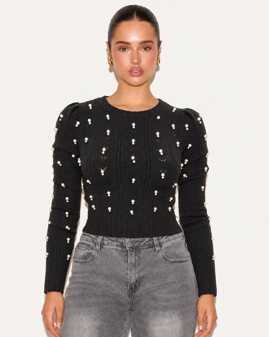 Pearl Embellished Cable Knit  Crop Jumper Black ZS5316
