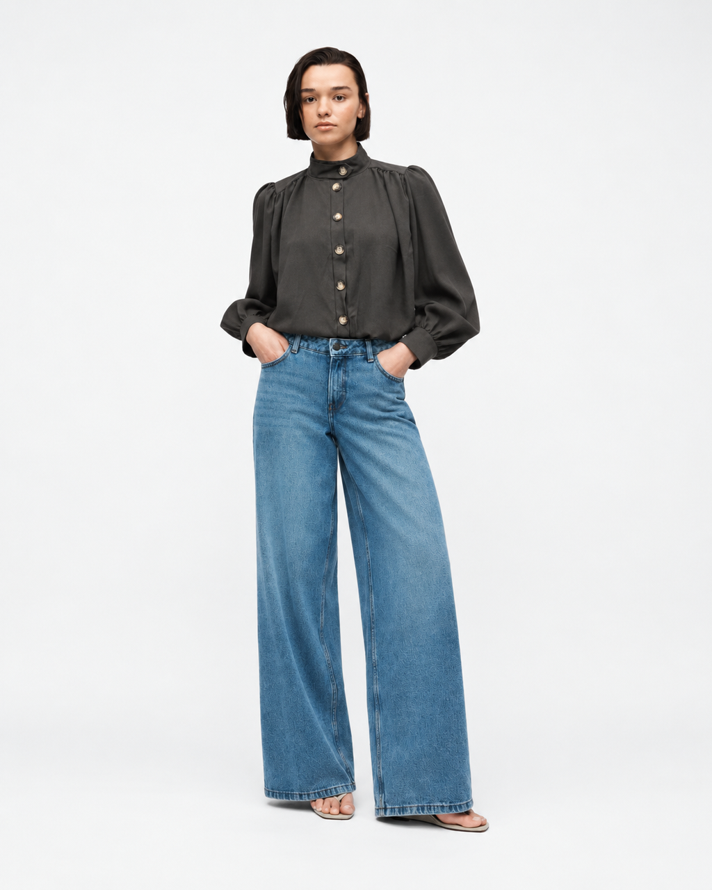 High-Neck Button-Front Blouse  Brown  27211
