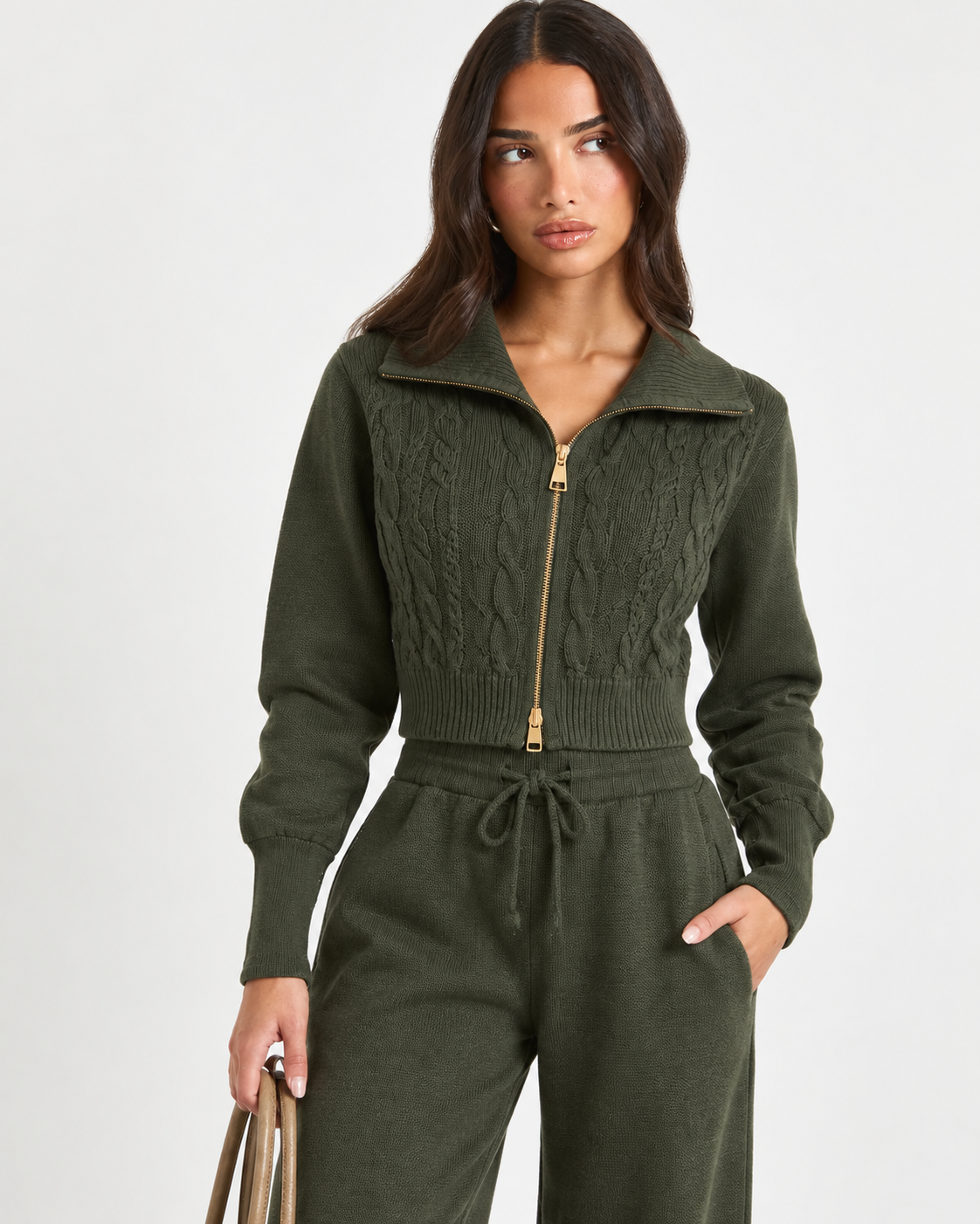 Knitted  Co-Ord Set Olive Green  F328