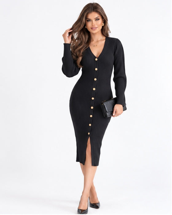 Elegant Ribbed Midi Button-Up Dress Black