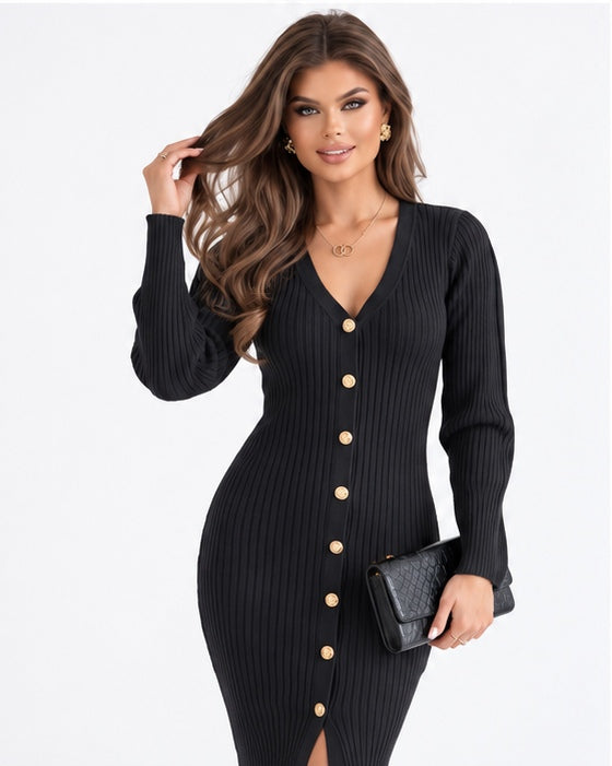 Elegant Ribbed Midi Button-Up Dress Black