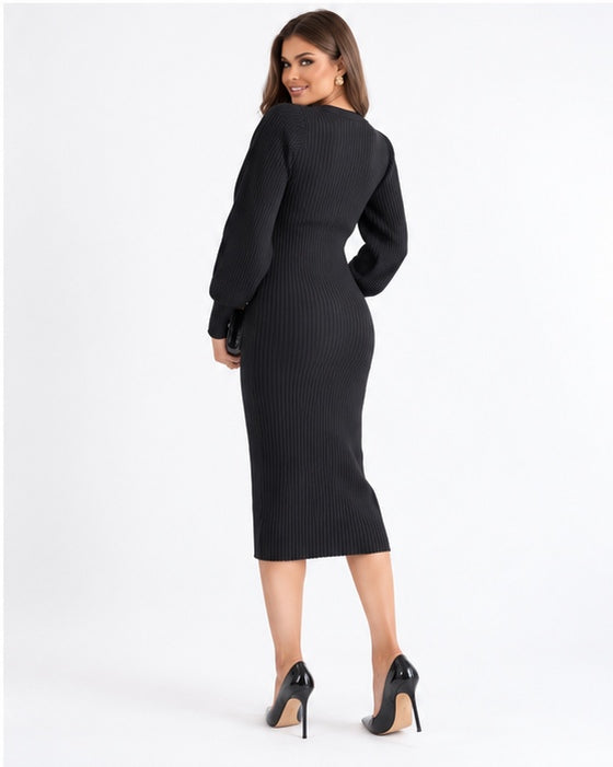 Elegant Ribbed Midi Button-Up Dress Black